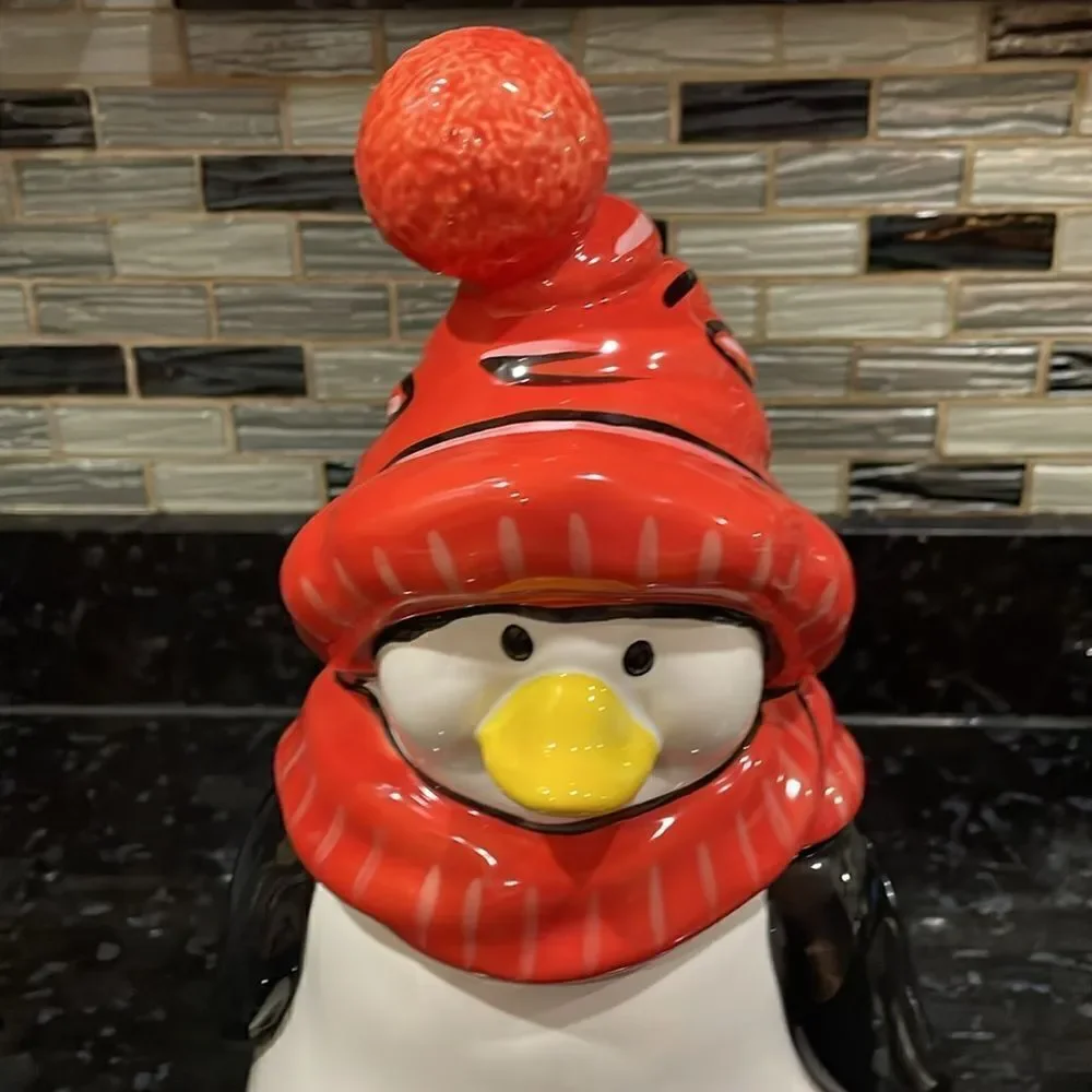 Pfaltzgraff Penguin Skate Red White Black Cookie Jar In Box- Box Has Damage